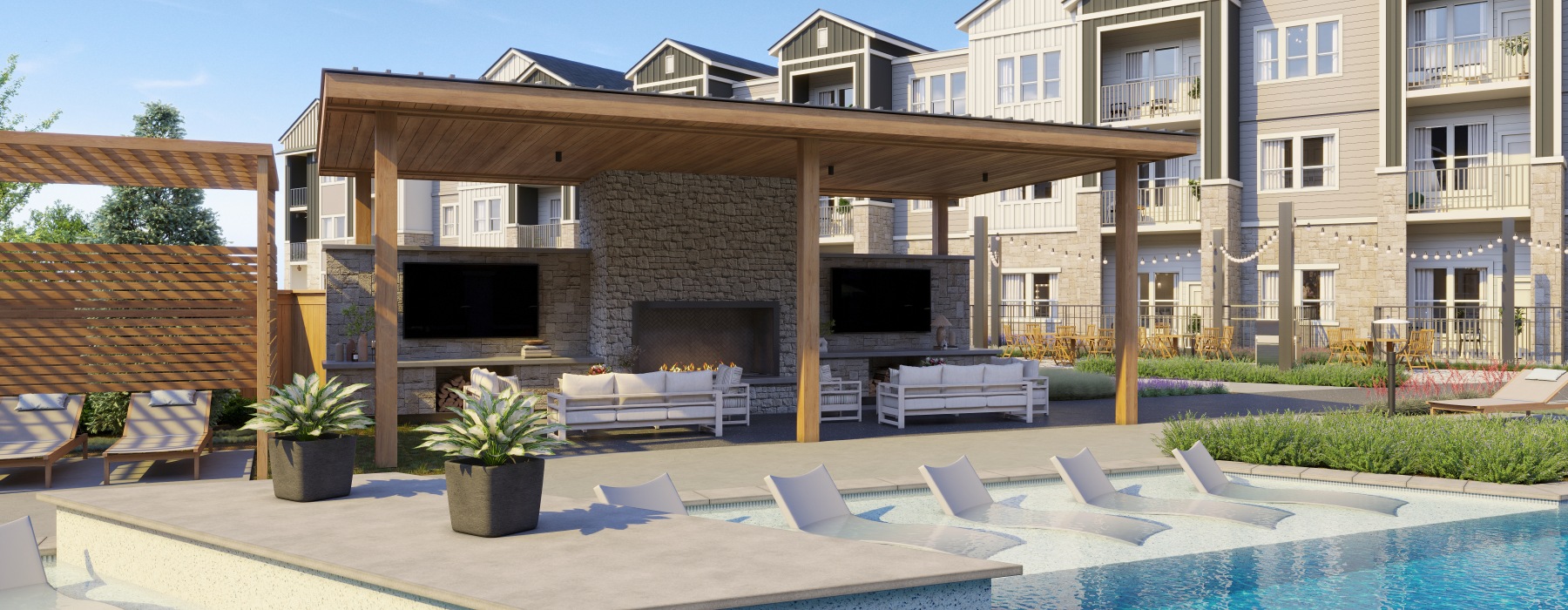 Resort-style swimming pool with lounge seating